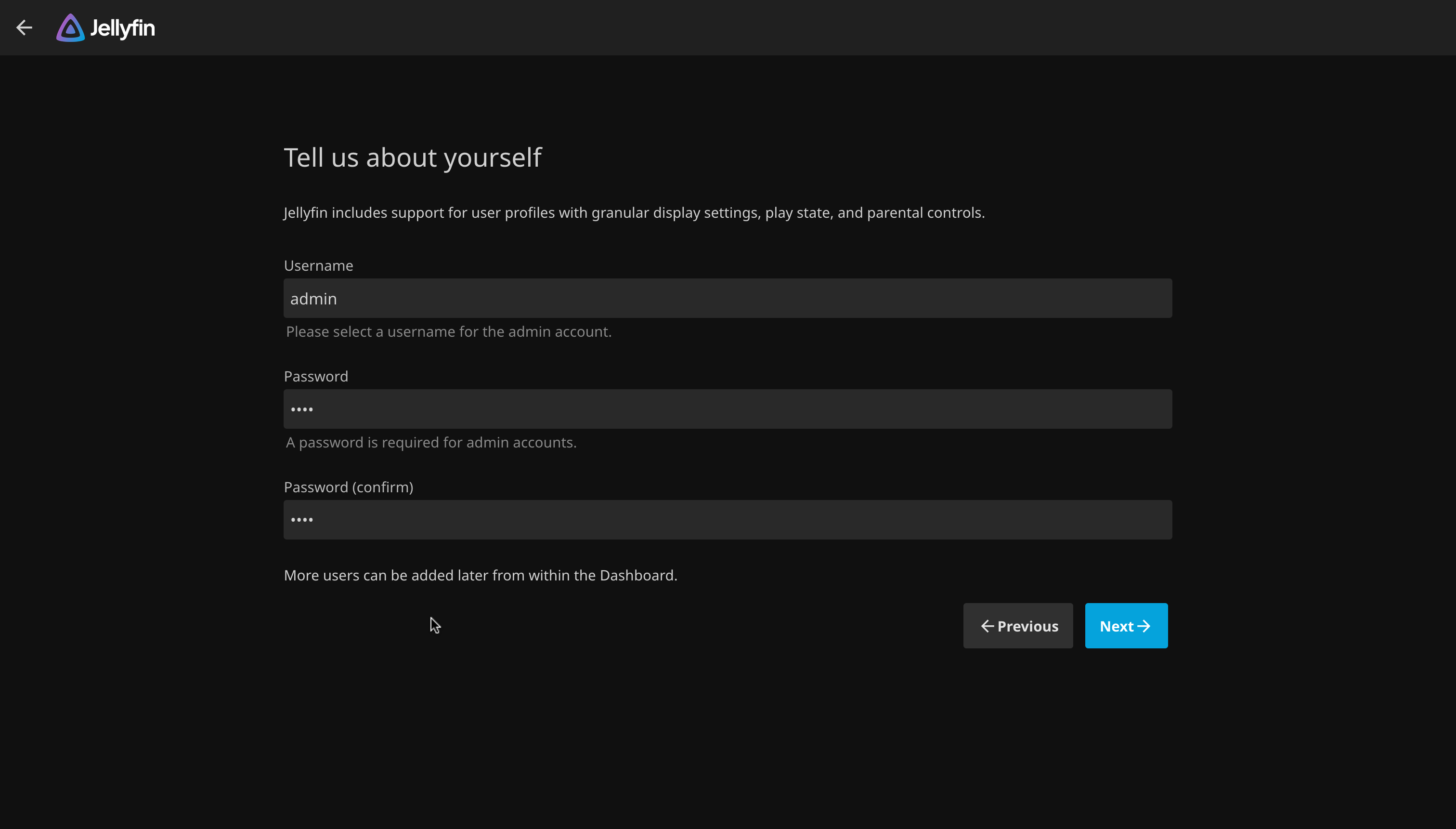 Setup Wizard Admin Account Page